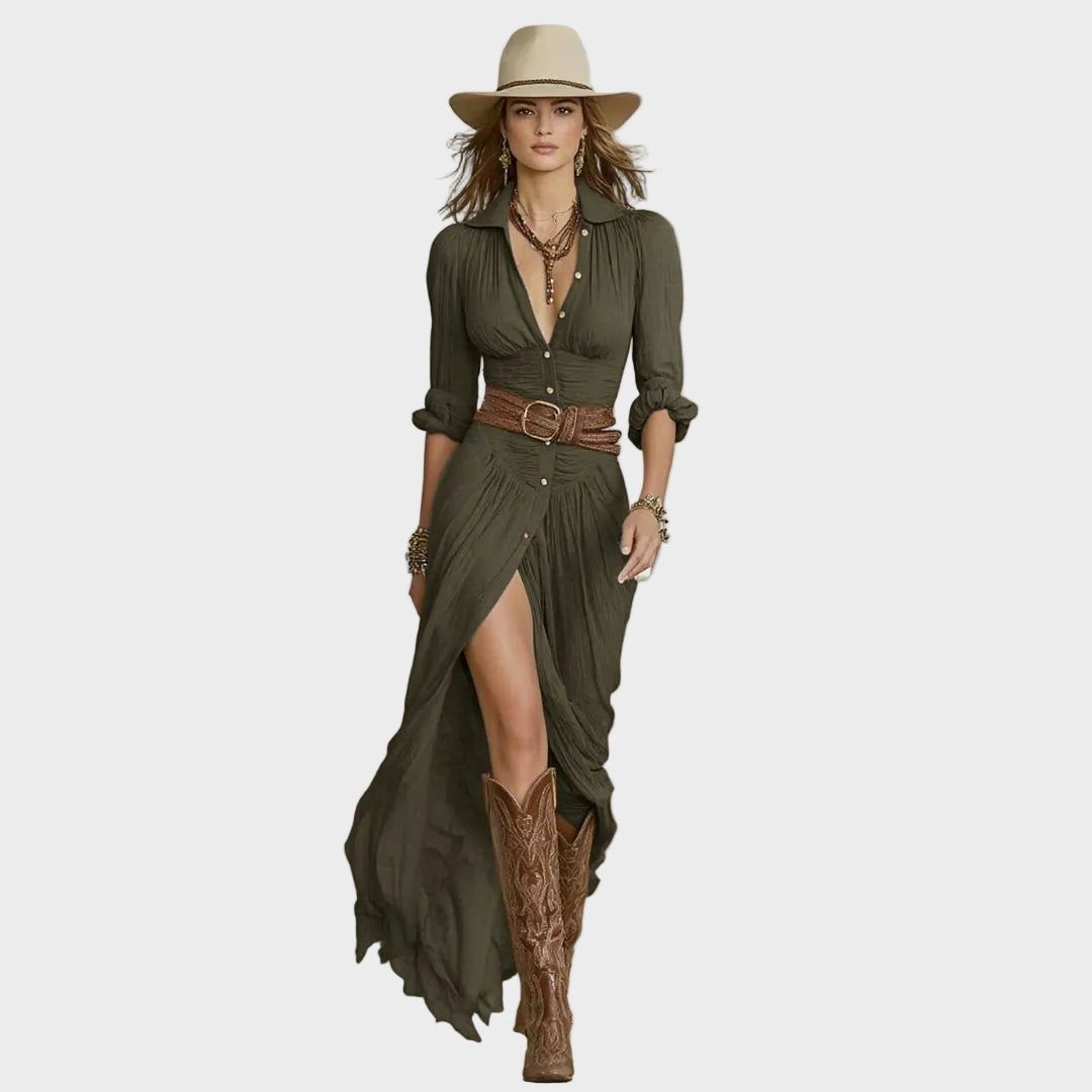 Baukje - Elegante maxi-jurk met schalkraag - Groen