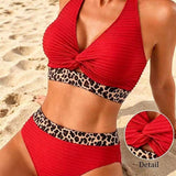 Geribbelde bikini met luipaardprint in kleurblokken