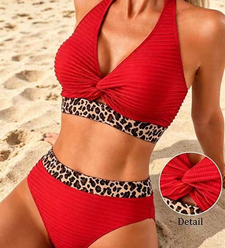 Geribbelde bikini met luipaardprint in kleurblokken