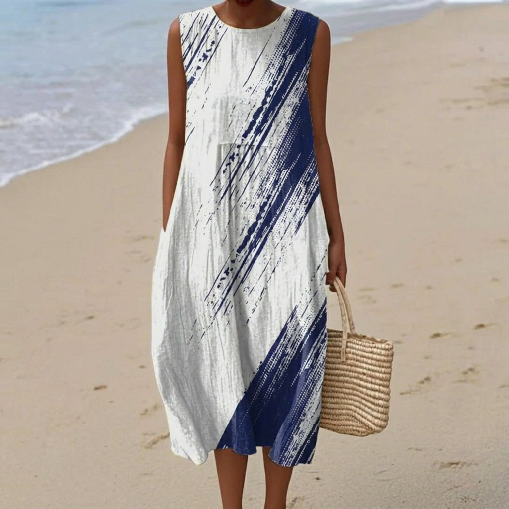 Elena - Mouwloze midi-jurk - Wit-blauw