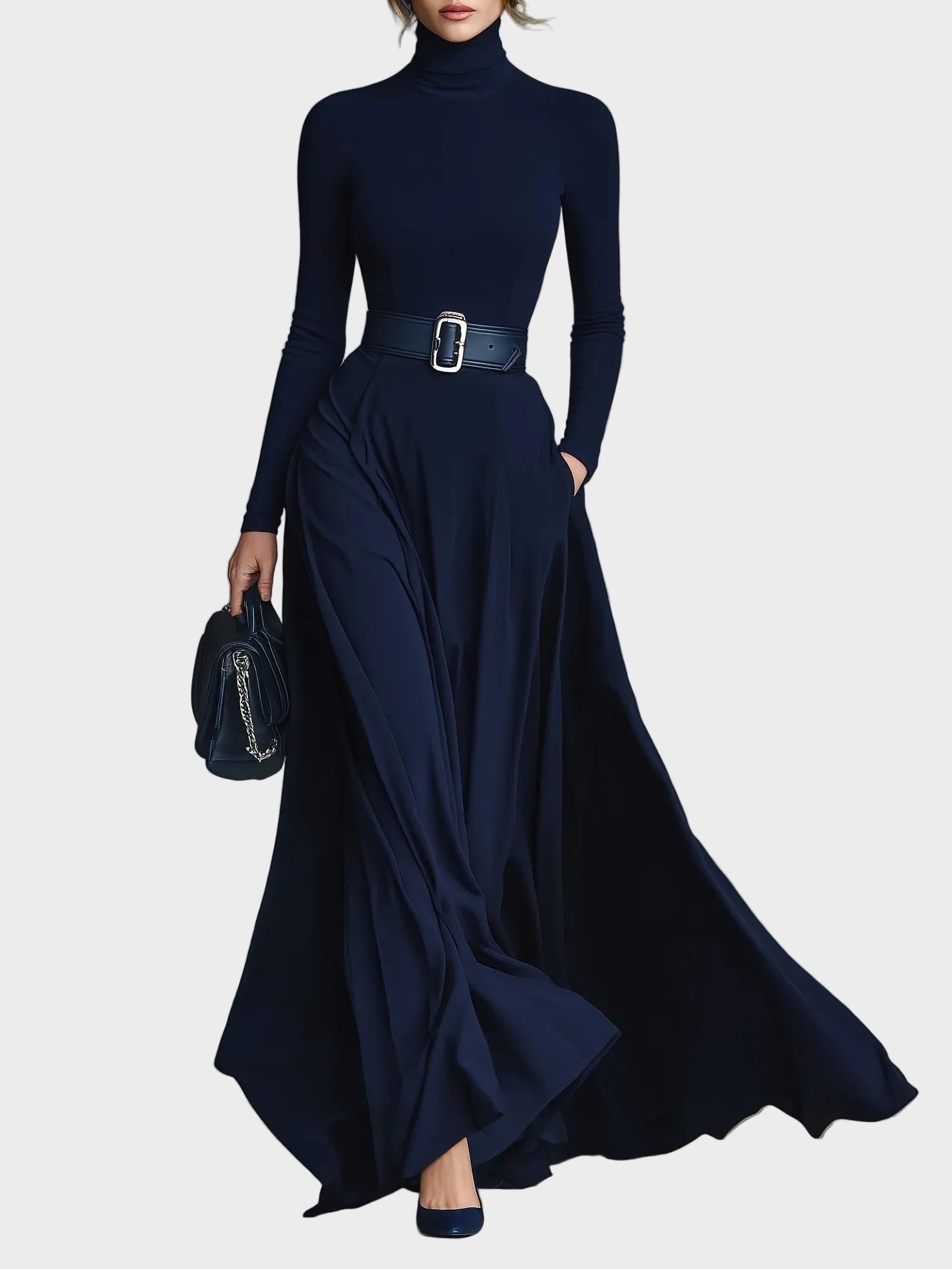 Dirkje - Maxi-jurk van zachte stof met hoge hals - Blauw