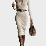 Aleida - Gebreide midi-jurk met ceintuur en col - Beige
