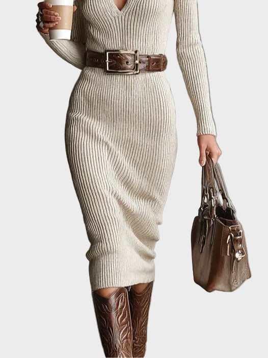 Aleida - Gebreide midi-jurk met ceintuur en col - afbeelding 3