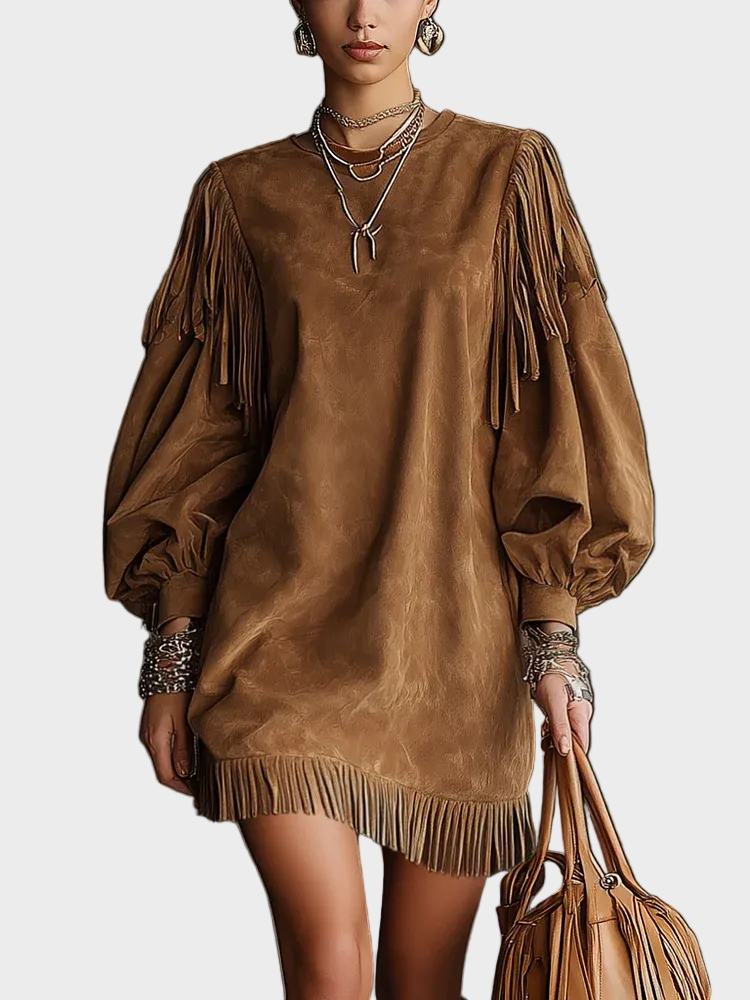 Nelly - Vintage mini-jurk met mouwen - Bruin