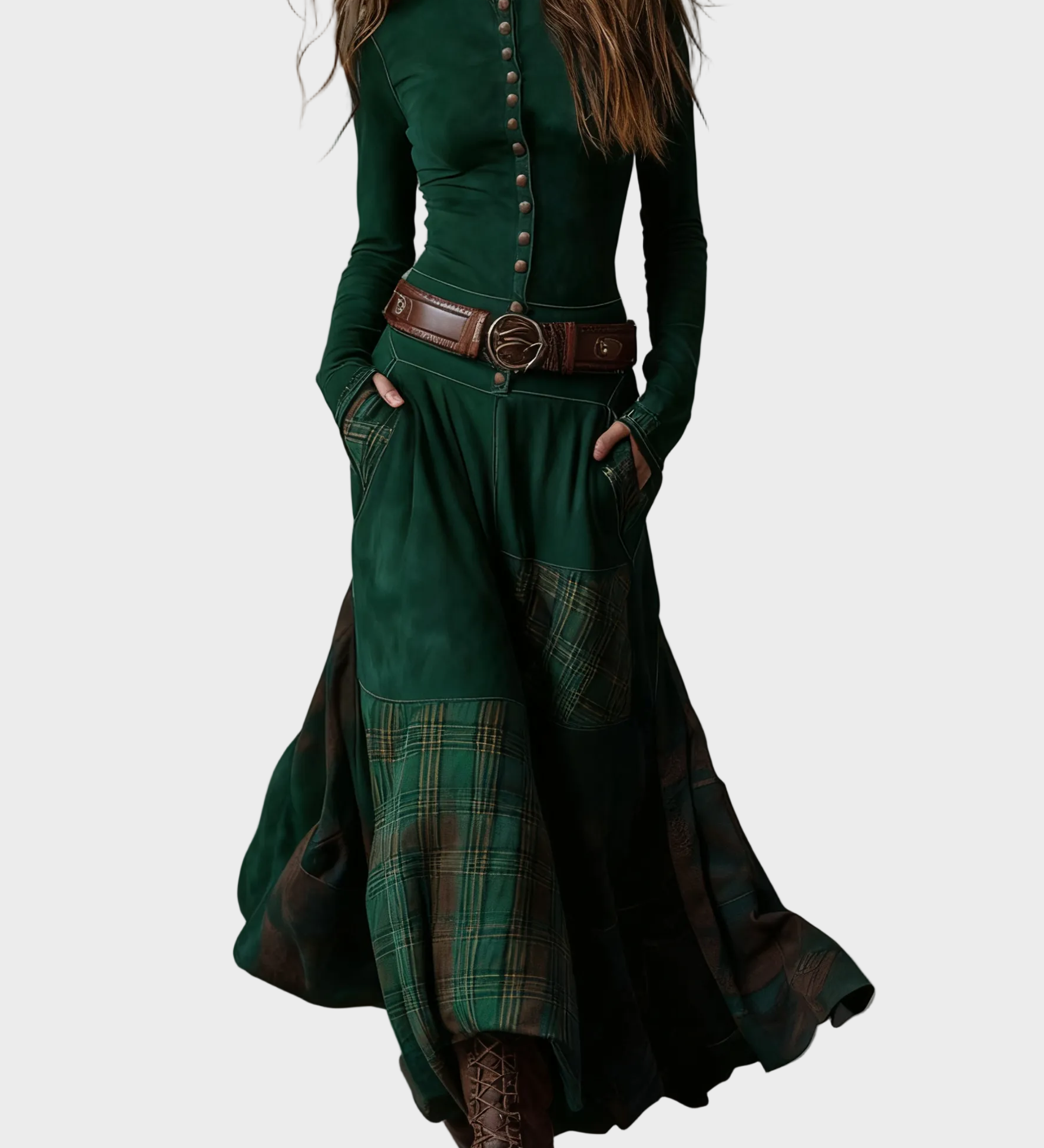 Berdien - Maxi-jurk van marineblauwe suédine met riem - Groen