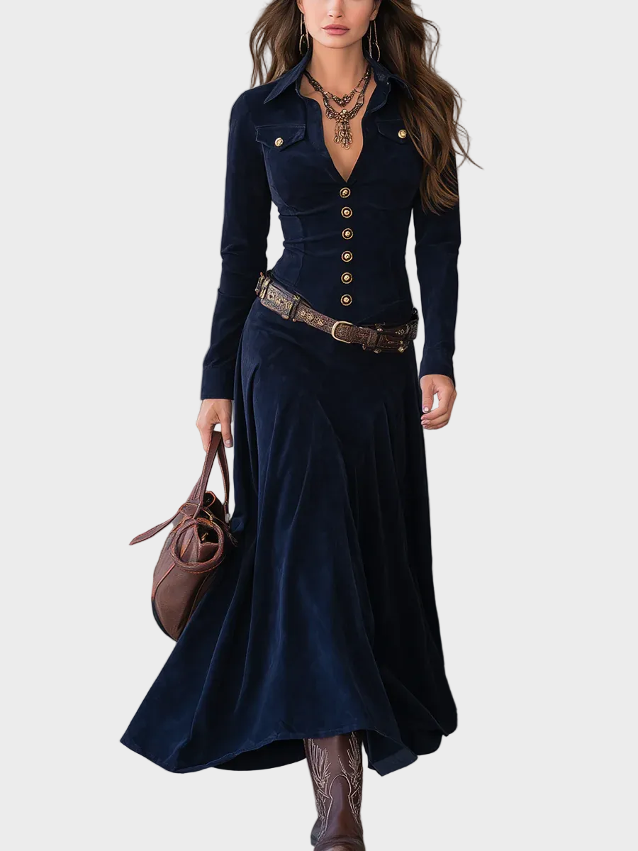 Froukje - Maxi-jurk van suédine met riem - Donkerblauw