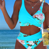 Bikini met contrasterend bloemenpatroon en split