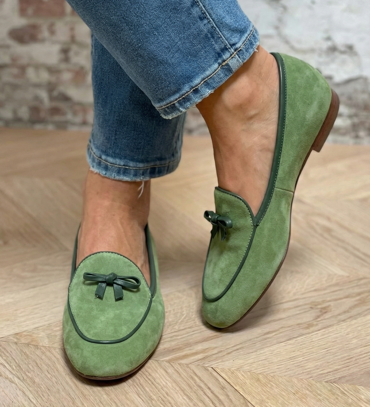 Geneviève - Elegante platte schoenen met strik - Groen (bijna uitverkocht)
