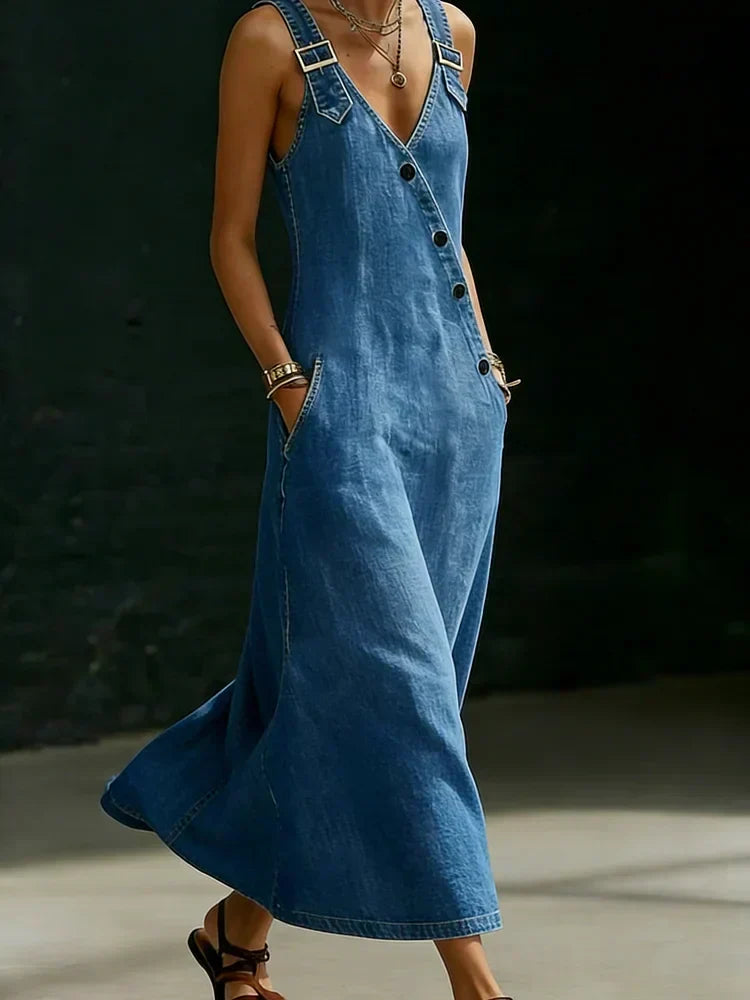 Vivian - Lange denimjurk met knopen - Blauw
