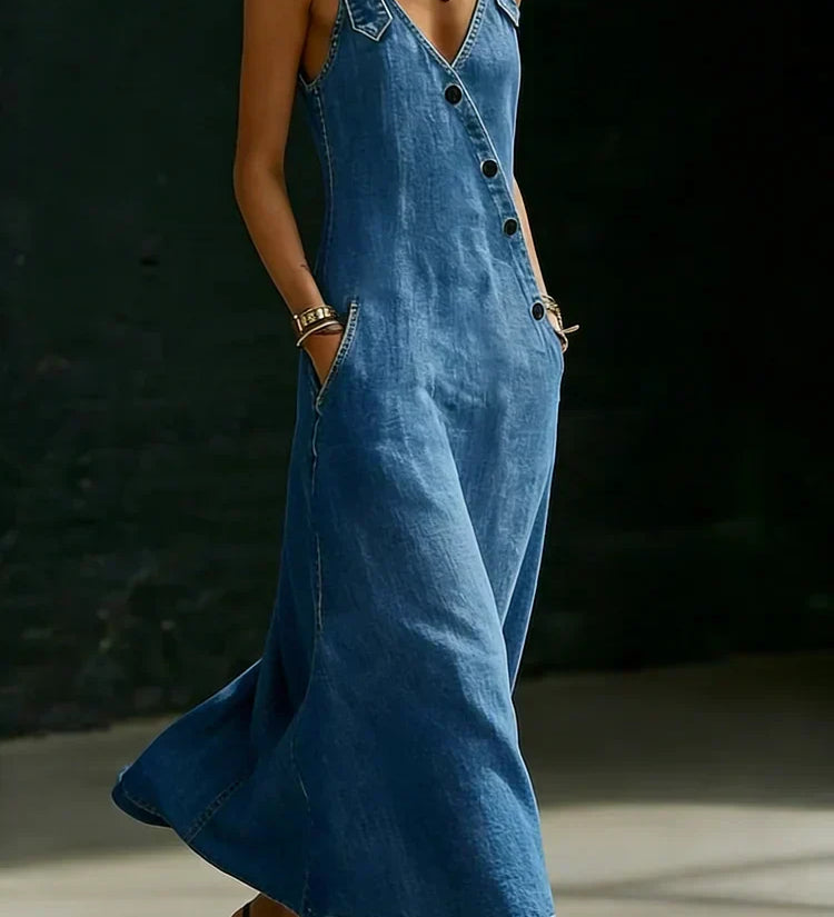 Vivian - Lange denimjurk met knopen - Blauw