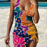 Yasmin - Grafische bloemen tankini met short, effect platte buik - Oranje