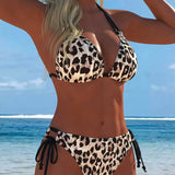 Bikini met luipaardprint en halterhals