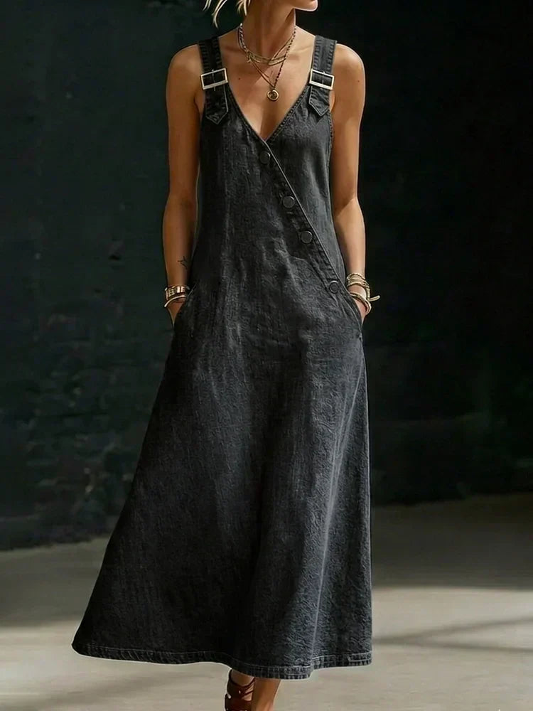 Vivian - Lange denimjurk met knopen - Zwart