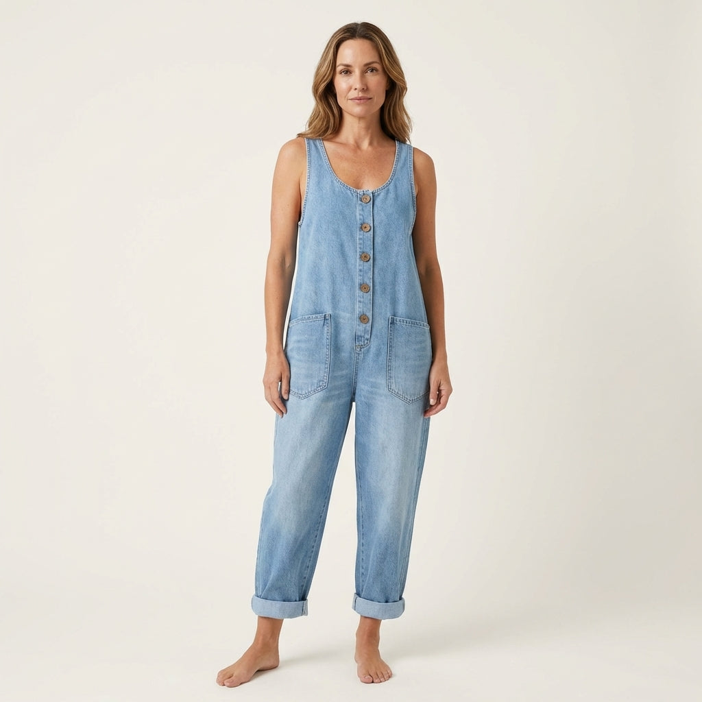 Xandra - Denim jumpsuit met brede knoopbanden - Lichtblauw