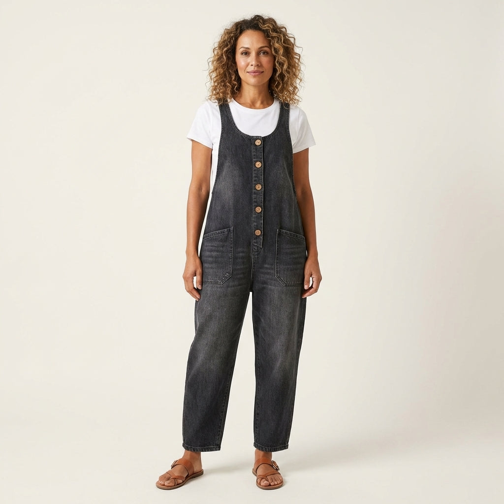 Stefanie - Denim jumpsuit met knoopbandjes - Zwart