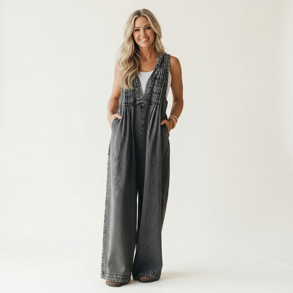 Suzan - Denim jumpsuit met wijde plooipijpen - Grijs