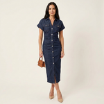 Marijse - Nauwsluitende midi-denimjurk met knopen - Marineblauw