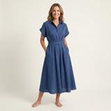 Romée - Midi-jeansjurk met knopen en ceintuur - Blauw
