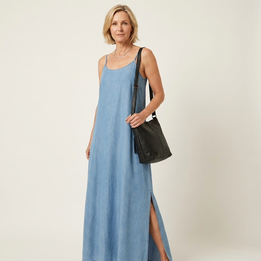 Rienke - Lange denimjurk met zijsplit - Blauw
