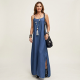 Rienke - Lange denimjurk met zijsplit - Marineblauw