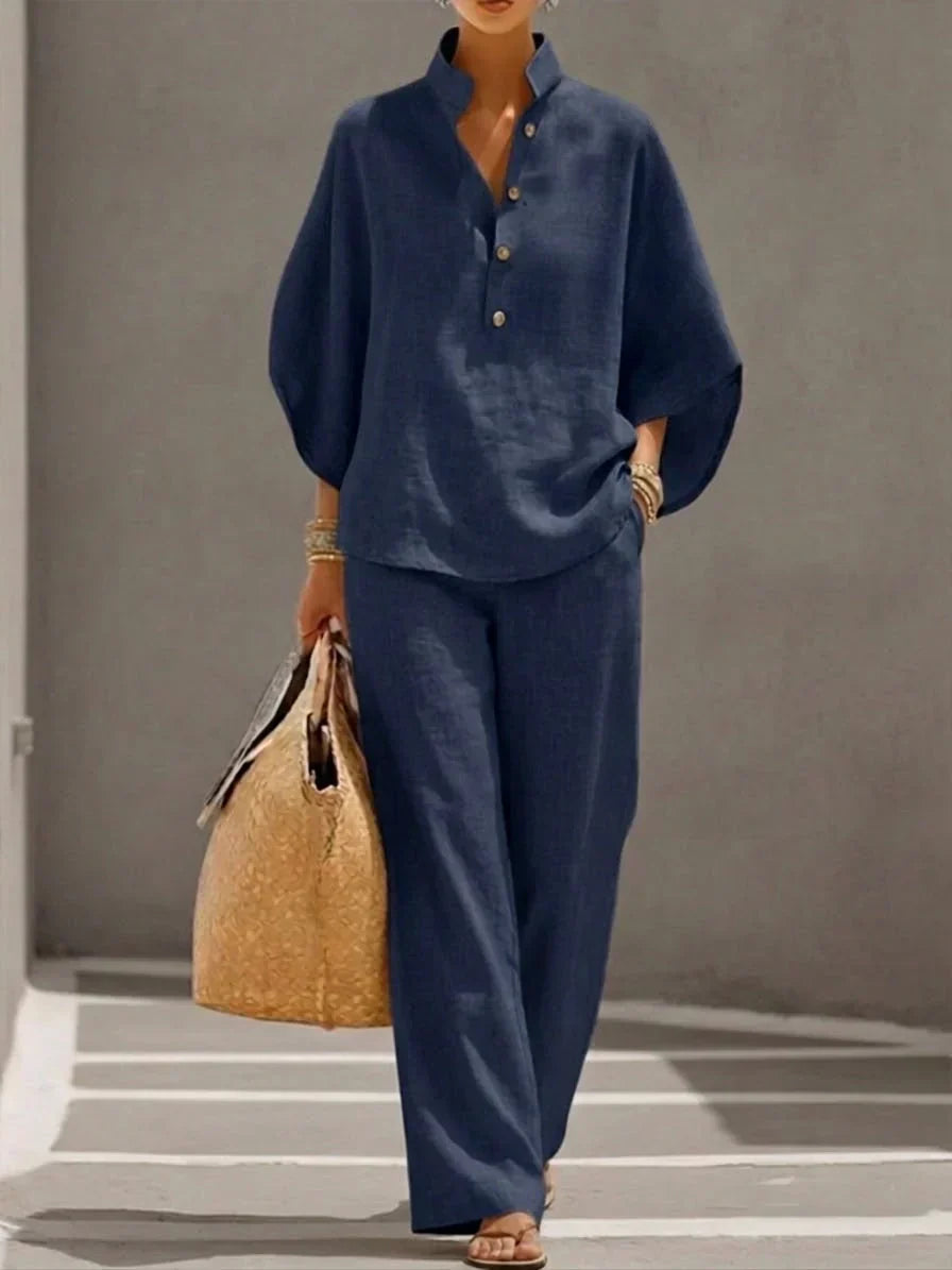Immaculata - Linnen set met vleermuismouwen - Marineblauw