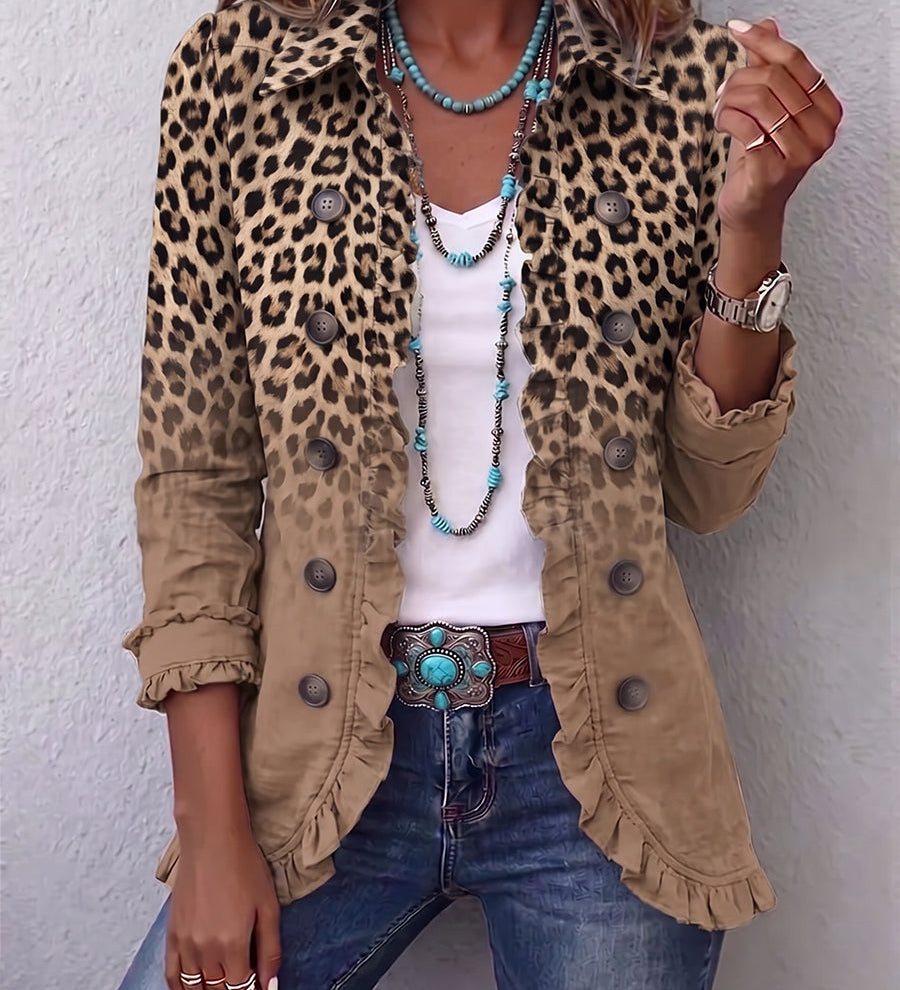 Nelleke - Vintage jasje met ruches en luipaardprint in kleurverloop - Luipaardprint camel