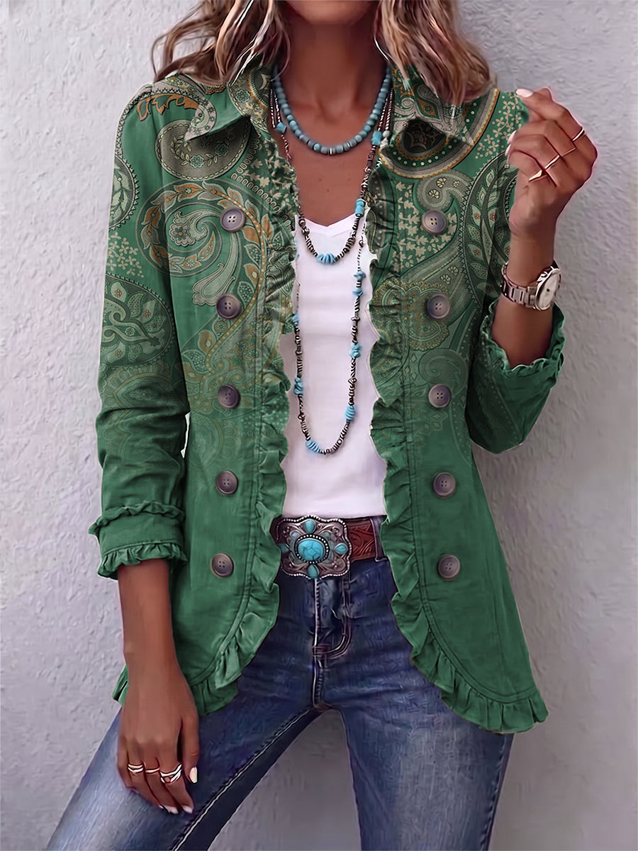 Annick - Boho jasje met ruches en paisleyprint - Groen