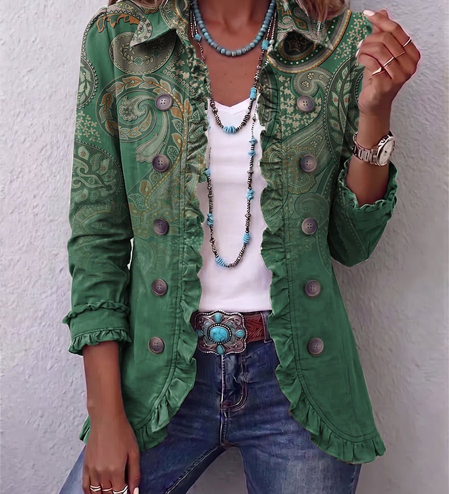 Annick - Boho jasje met ruches en paisleyprint - Groen