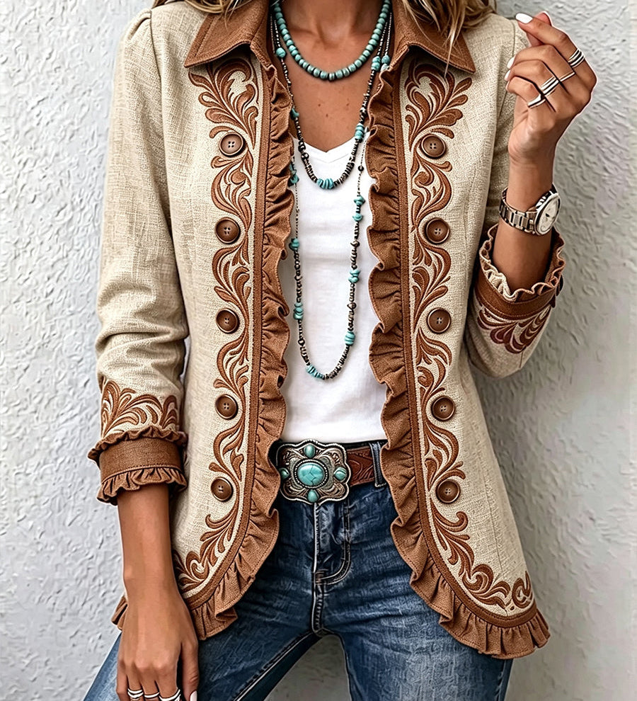 Fleurine - Vintage boho jasje met ruches en bloemen - Camel & bruin