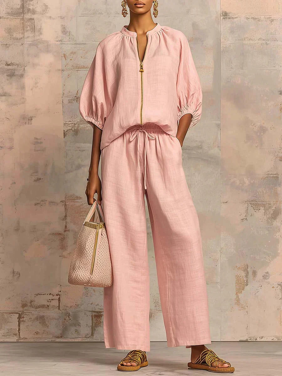 Henrietta - Tweedelige set met blouse en wijde broek - Roze