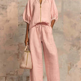 Henrietta - Tweedelige set met blouse en wijde broek - Roze