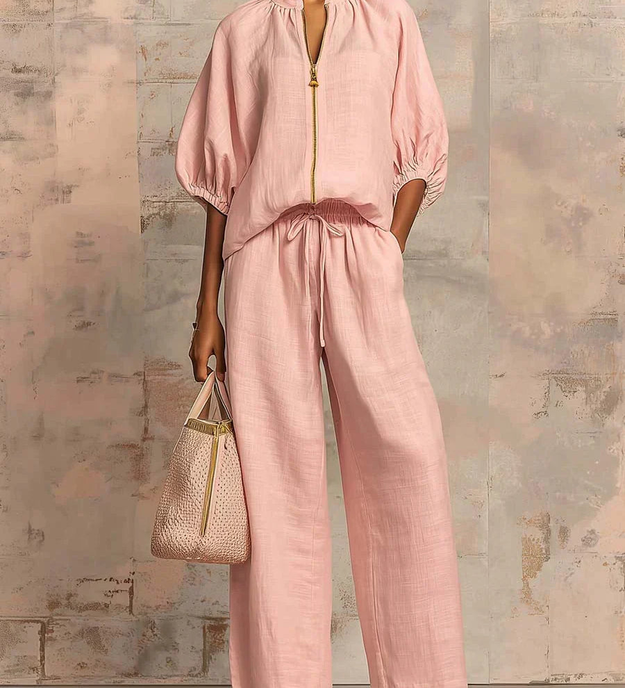 Henrietta - Tweedelige set met blouse en wijde broek - Roze