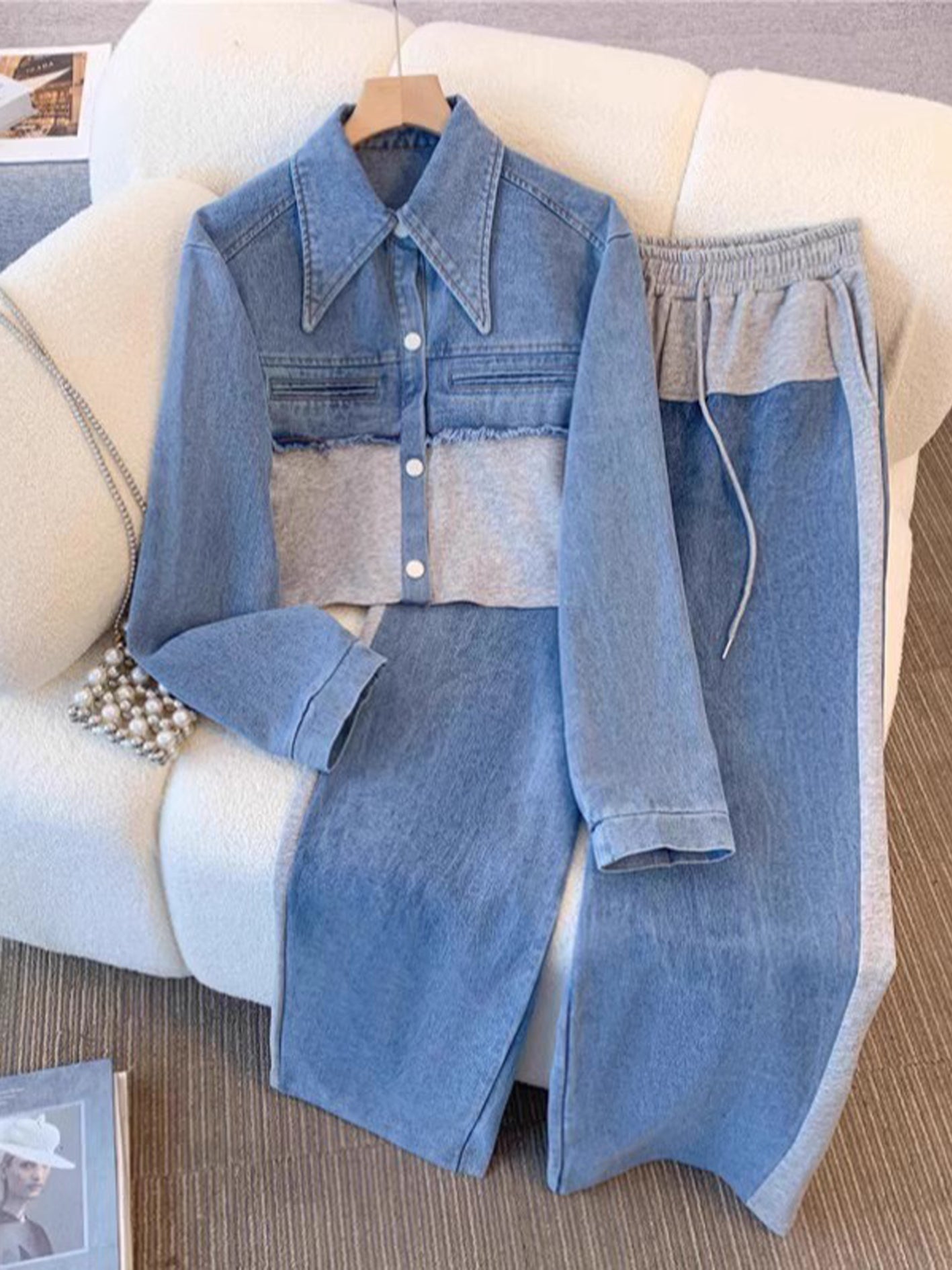 Wieteke - Set met kort kleurblokjasje en wijde broek - Grijs