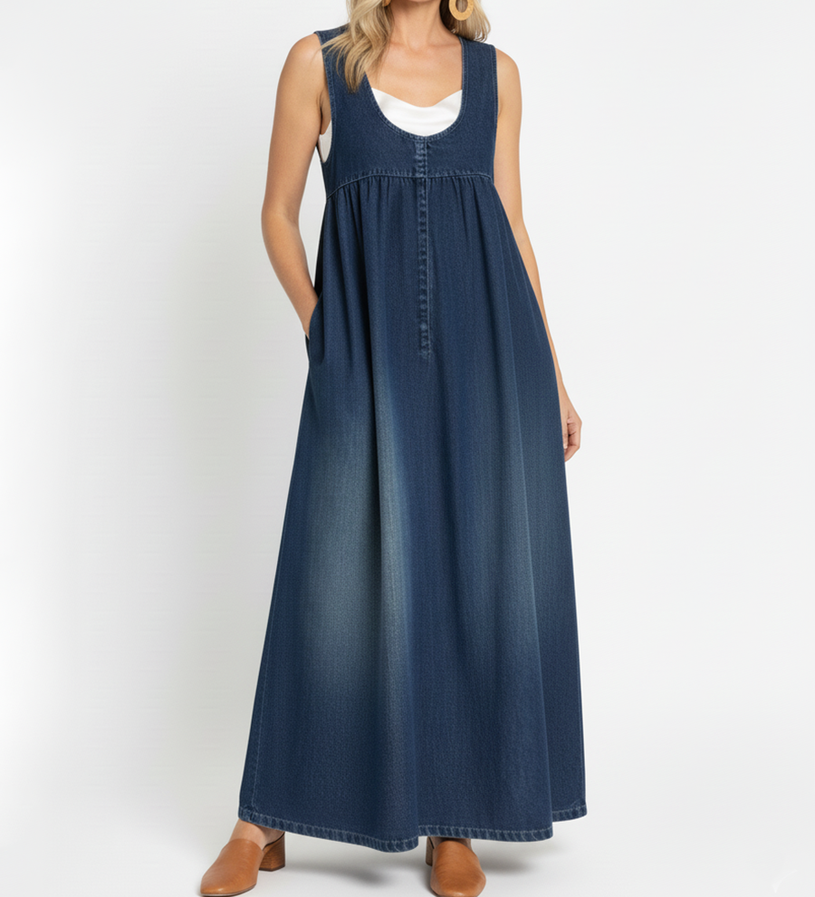 Rachel - Lange vintage denimjurk van zacht katoen - Blauw
