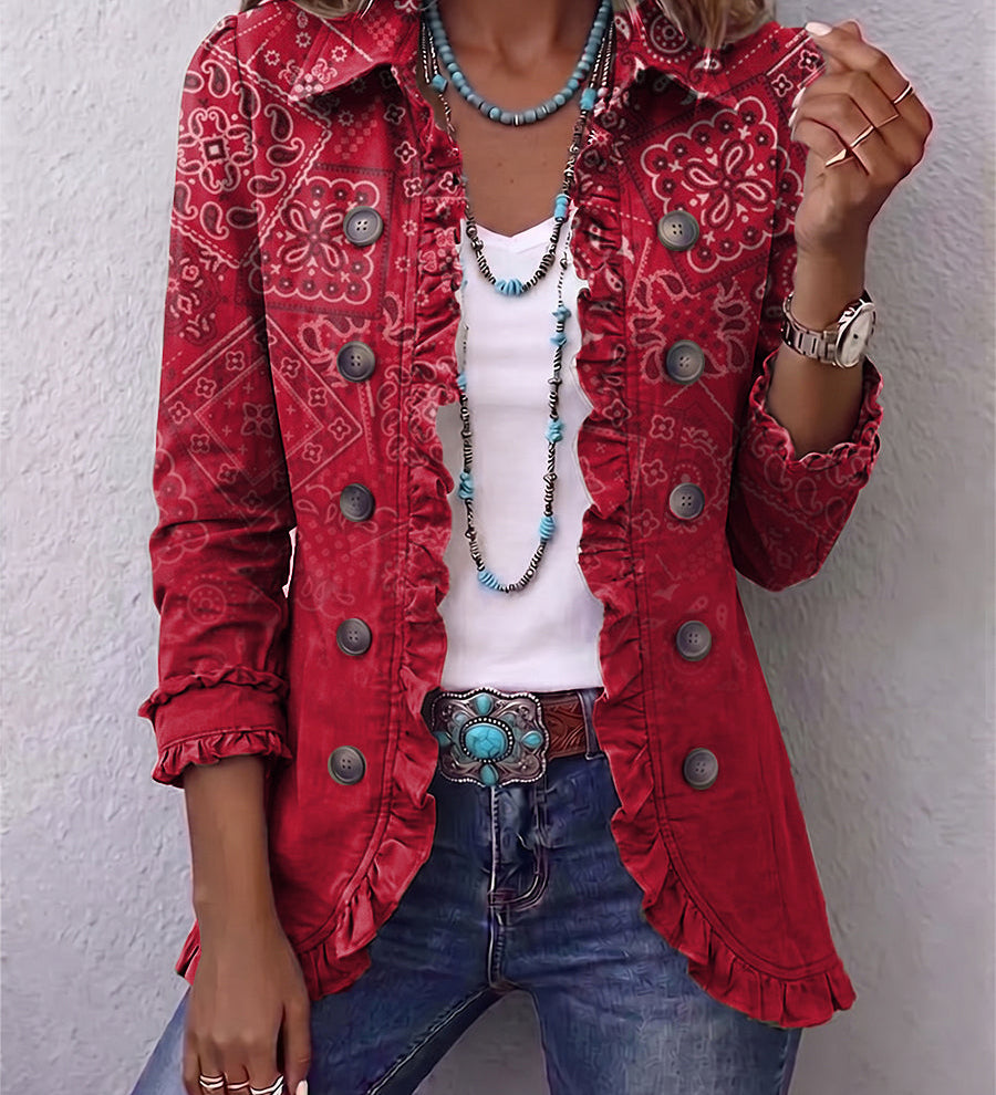 Tialda - Boho jasje met ruches en paisleyprint in ombré - Rood