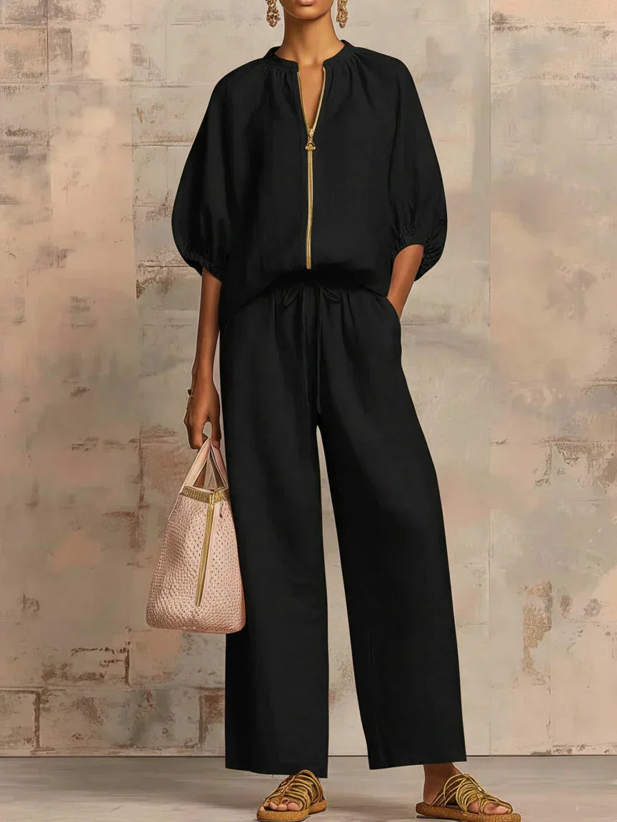 Henrietta - Tweedelige set met blouse en wijde broek - Zwart
