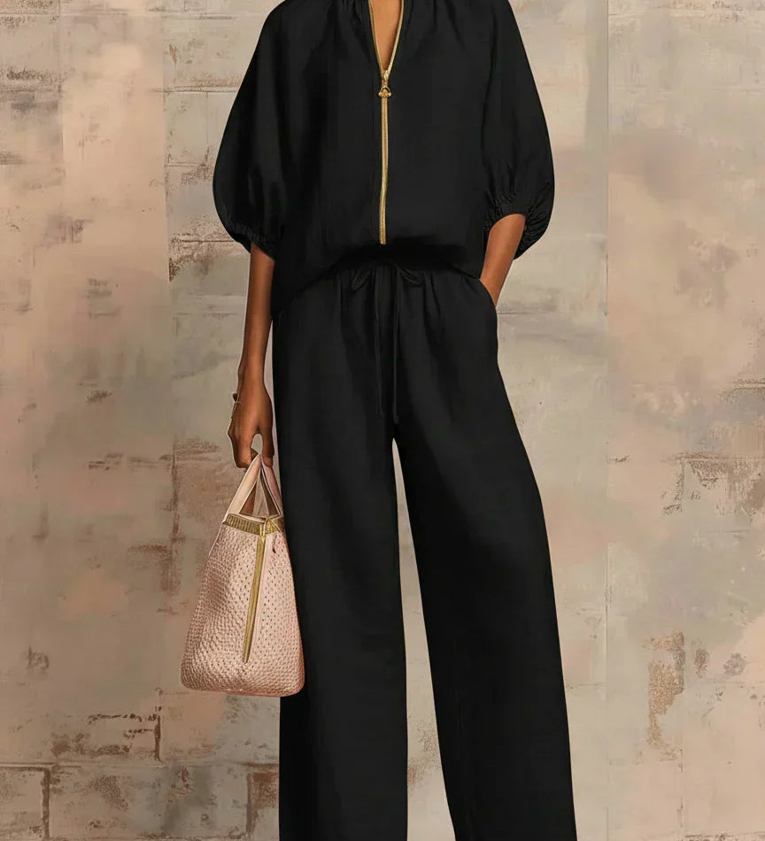 Henrietta - Tweedelige set met blouse en wijde broek - Zwart