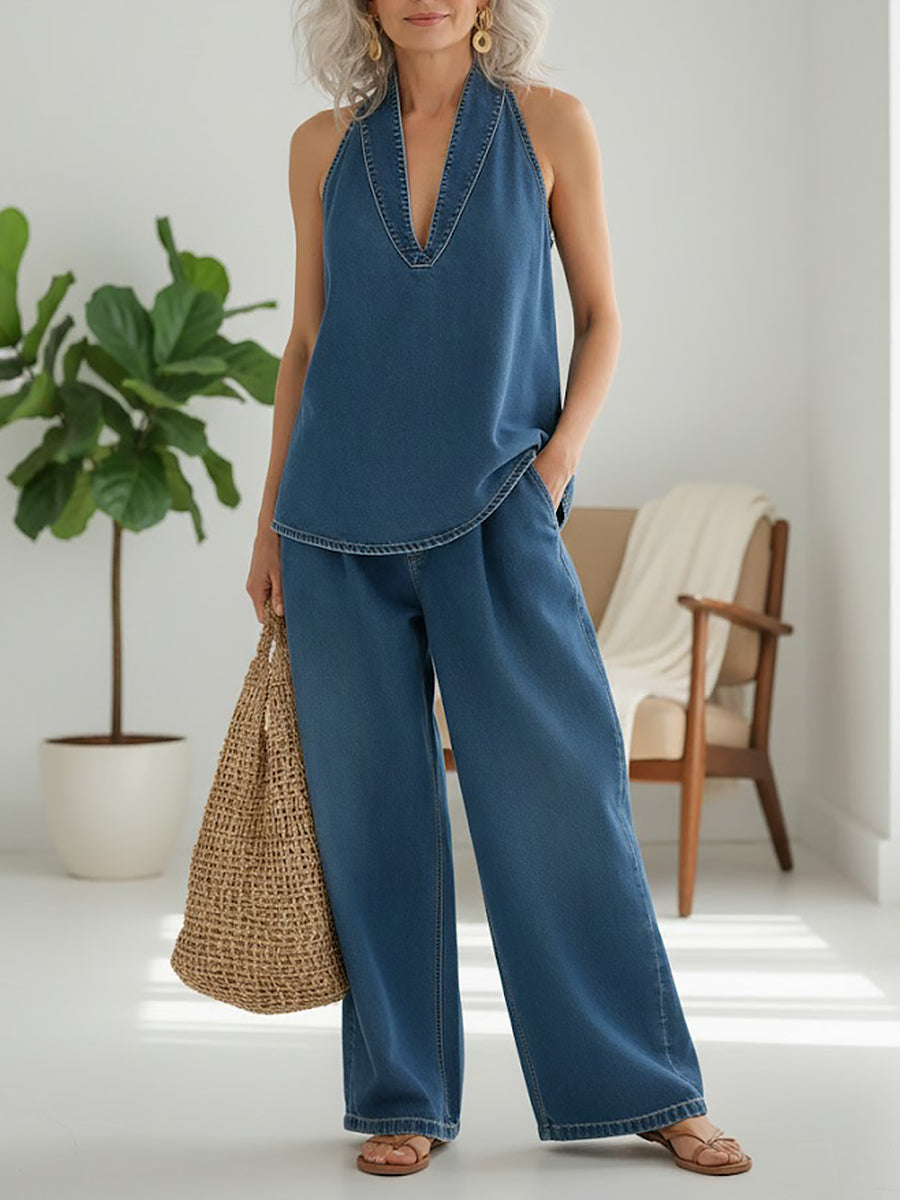 Roelie - Tweedelige denimset met vintagewassing - Blauw
