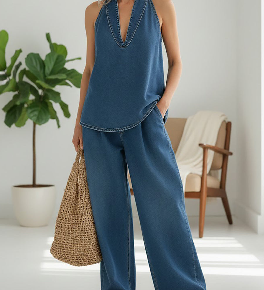 Roelie - Tweedelige denimset met vintagewassing - Blauw