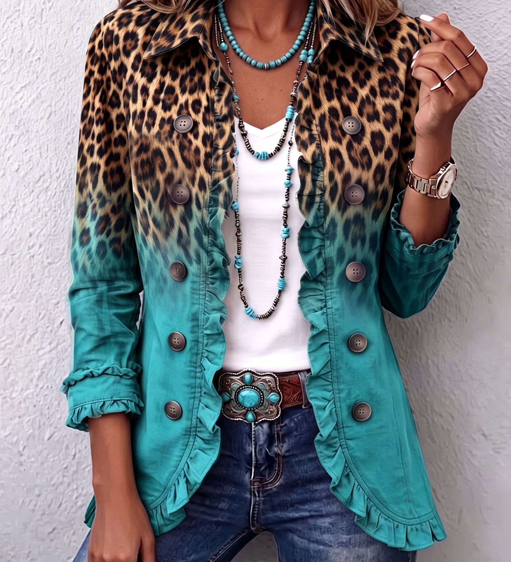 Margje - Blazerjasje met ruches en luipaardprint in ombré - Turquoise