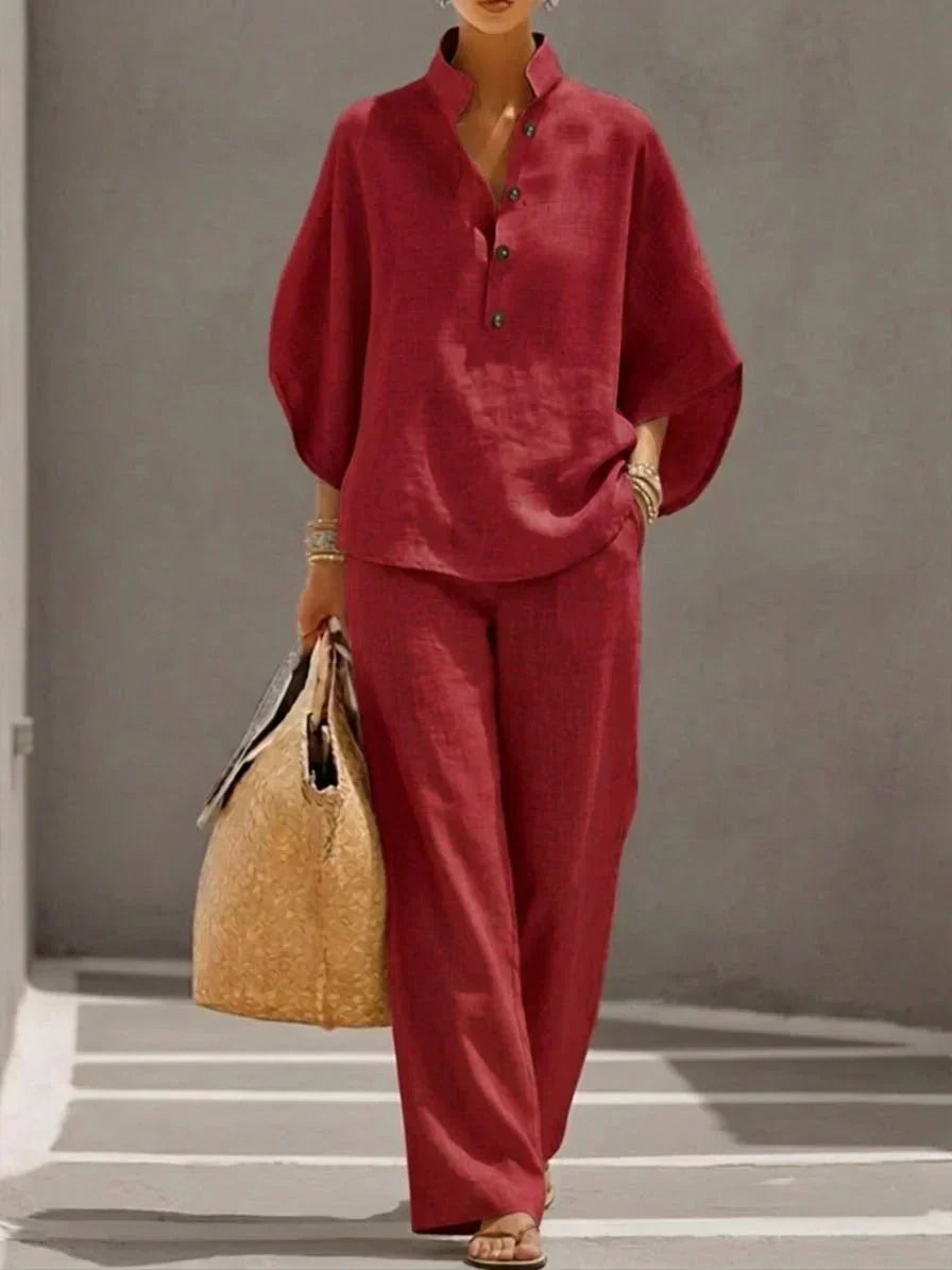 Immaculata - Linnen set met vleermuismouwen - Rood