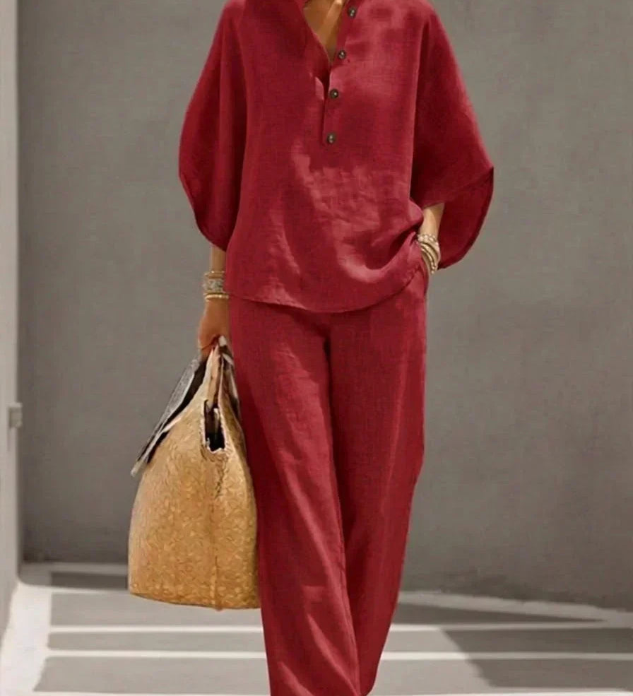 Immaculata - Linnen set met vleermuismouwen - Rood