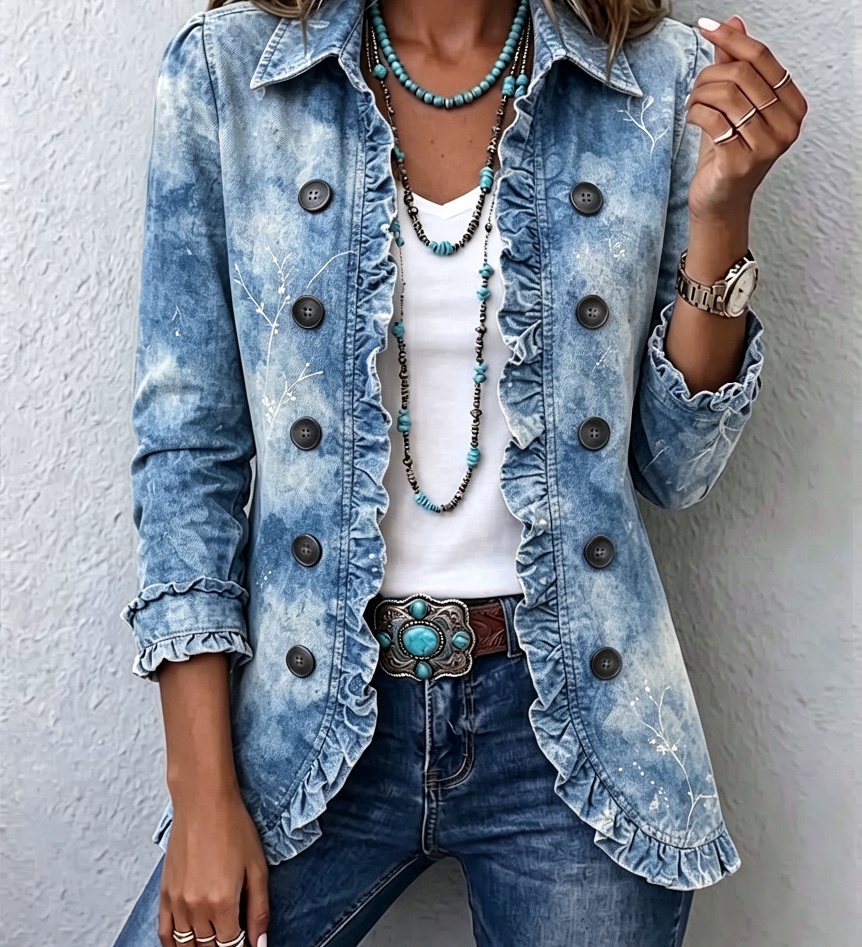 Cilia - Boho jasje met ruches en botanische print in kleurverloop - Blauw