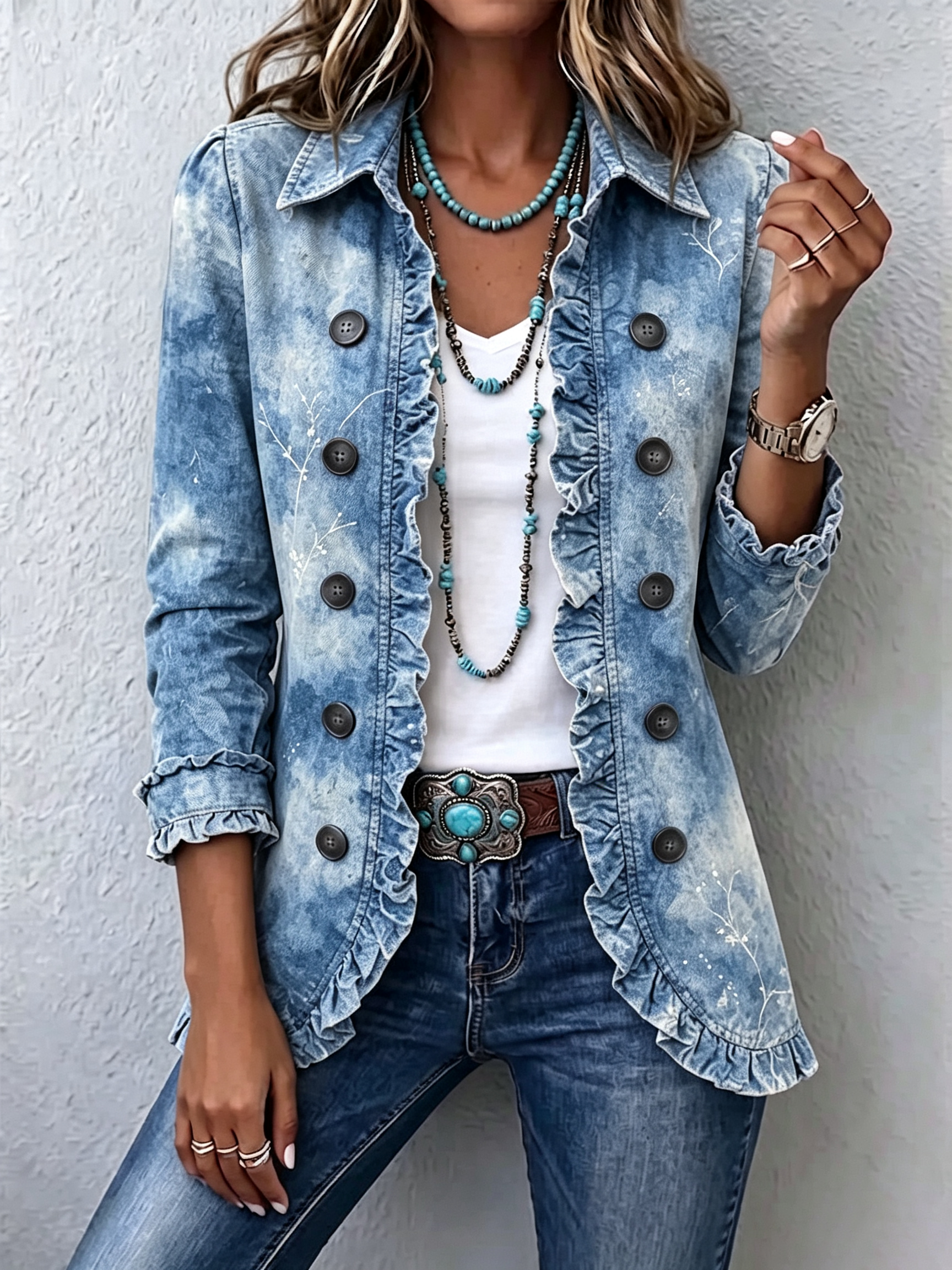 Cilia - Boho jasje met ruches en botanische print in kleurverloop - Blauw