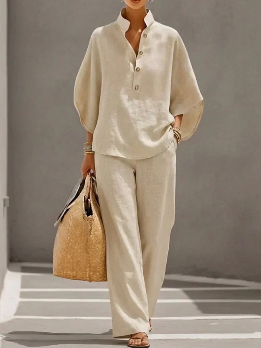 Immaculata - Linnen set met vleermuismouwen - Beige