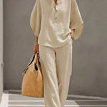 Immaculata - Linnen set met vleermuismouwen - Beige
