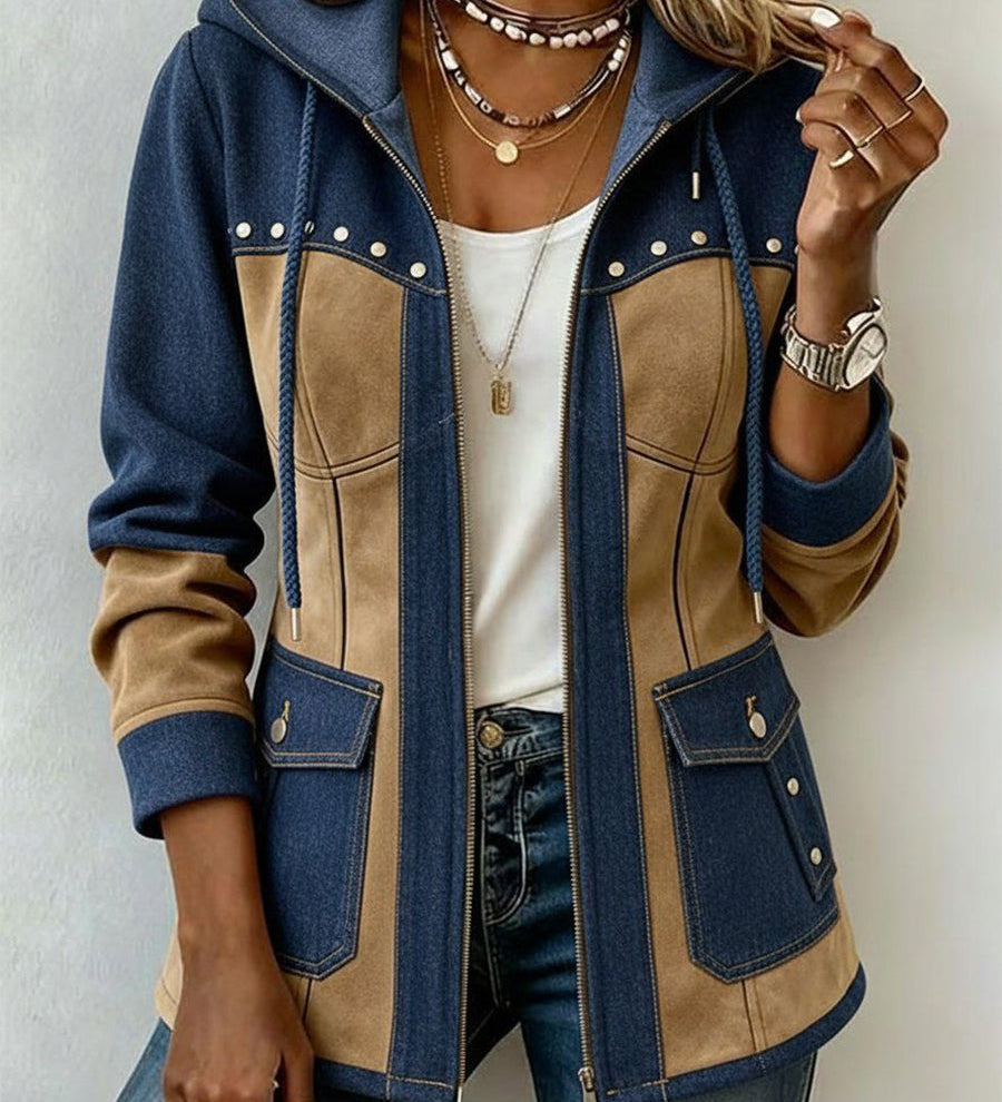 Nadja - Jasje met capuchon en patchwork - Marineblauw & camel