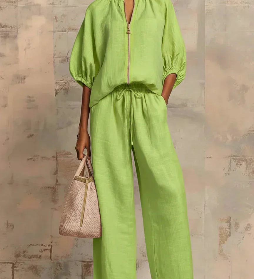 Henrietta - Tweedelige set met blouse en wijde broek - Lichtgroen
