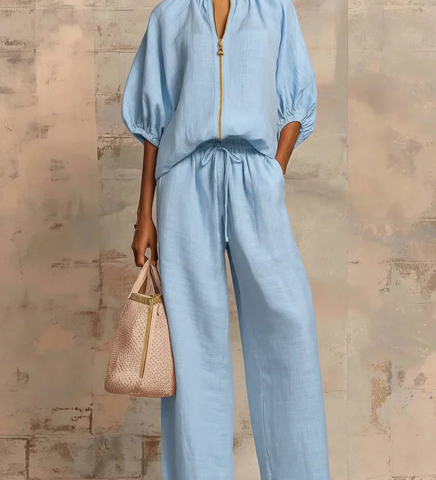 Henrietta - Tweedelige set met blouse en wijde broek - Lichtblauw