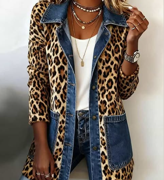 Wilke - Lang jasje met luipaardprint en contrasterend denim - Luipaardprint